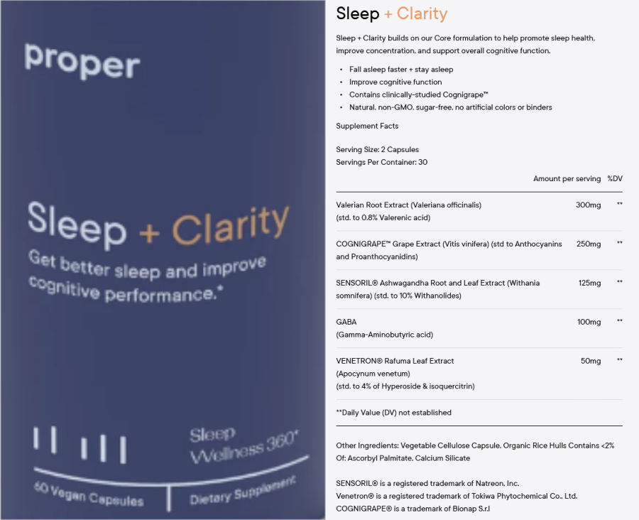 Official label of Proper Sleep + Clarity (NIH DSLD #239926)