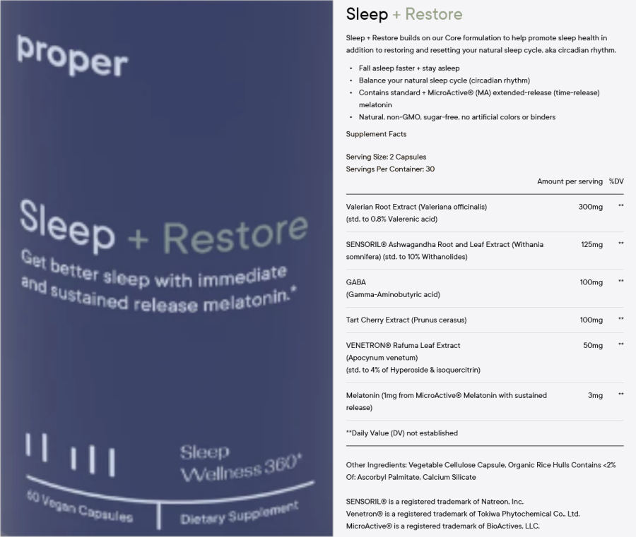 Official label of Proper Sleep + Restore (NIH DSLD #239932)