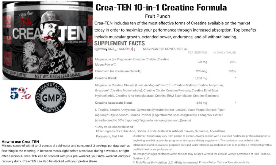 Official label of Rich Piana 5% Nutrition Crea-Ten 10-in-1 Creatine System Fruit Punch (NIH DSLD #239976)