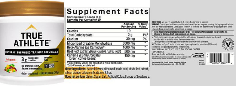 Official label of True Athlete Natural Energized Training Formula 2.0 Fruit Punch (NIH DSLD #240461)
