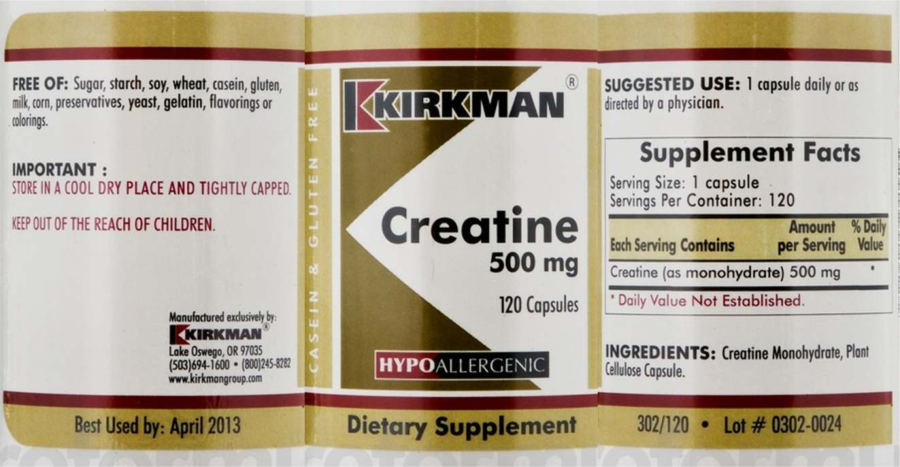 Official label of Kirkman Creatine 500 mg (NIH DSLD #24051)