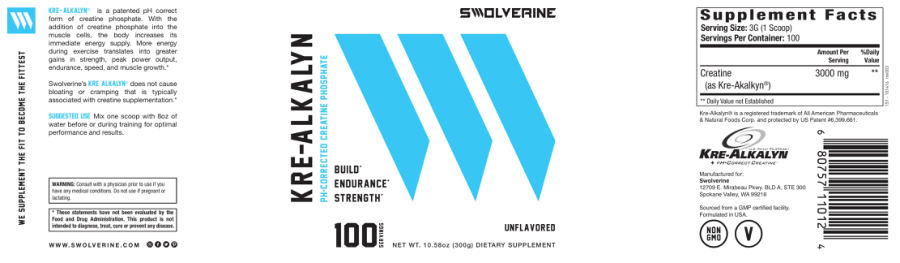 Official label of Swolverine Kre-Alkalyn Unflavored (NIH DSLD #242037)