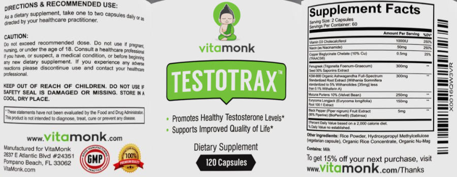 Official label of VitaMonk TestoTrax (NIH DSLD #242182)