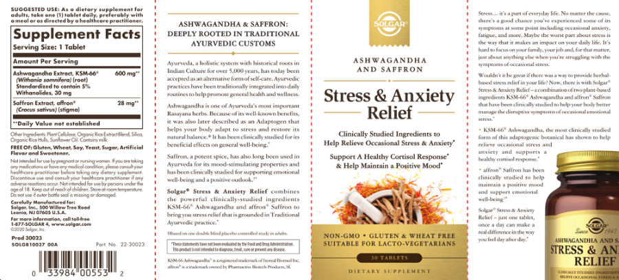 Official label of Solgar Stress & Anxiety Relief (NIH DSLD #242478)