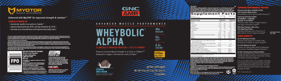 Official label of GNC AMP Advanced Muscle Performance Wheybolic Alpha Cookies and Cream (NIH DSLD #243026)