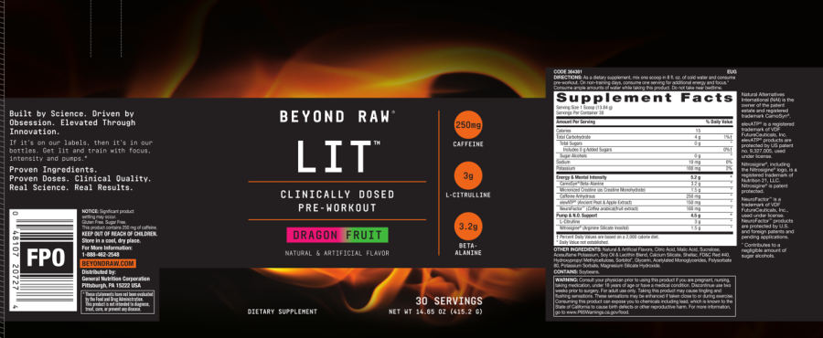 Official label of GNC Beyond Raw LIT Dragon Fruit (NIH DSLD #243032)
