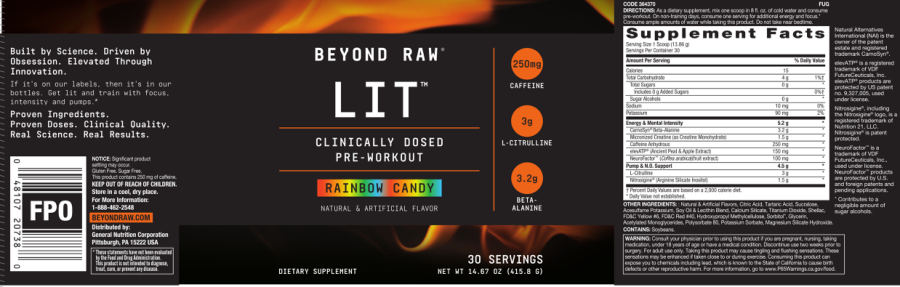 Official label of GNC Beyond Raw LIT Rainbow Candy (NIH DSLD #243035)