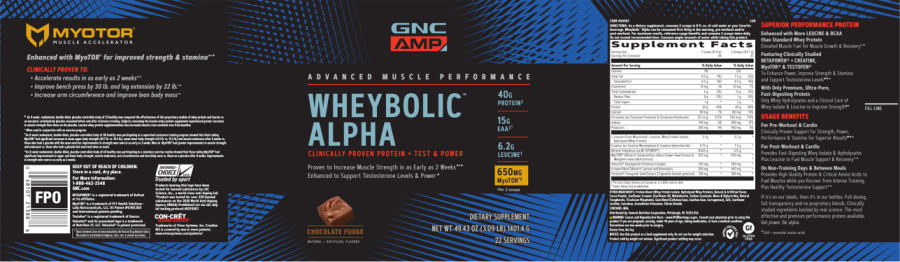 Official label of GNC AMP Advanced Muscle Performance Wheybolic Alpha Chocolate Fudge (NIH DSLD #243069)