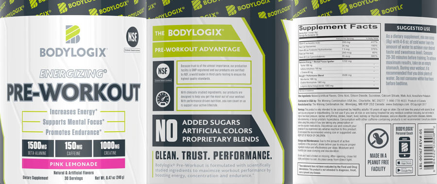 Official label of BodyLogix Energizing Pre-Workout Pink Lemonade (NIH DSLD #245694)