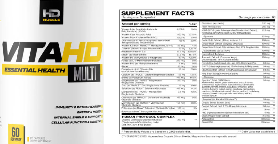Official label of HD Muscle VitaHD Essential Health Multi (NIH DSLD #245711)
