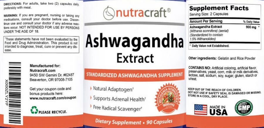 Official label of Nutracraft Ashwagandha Extract 900 mg (NIH DSLD #246470)