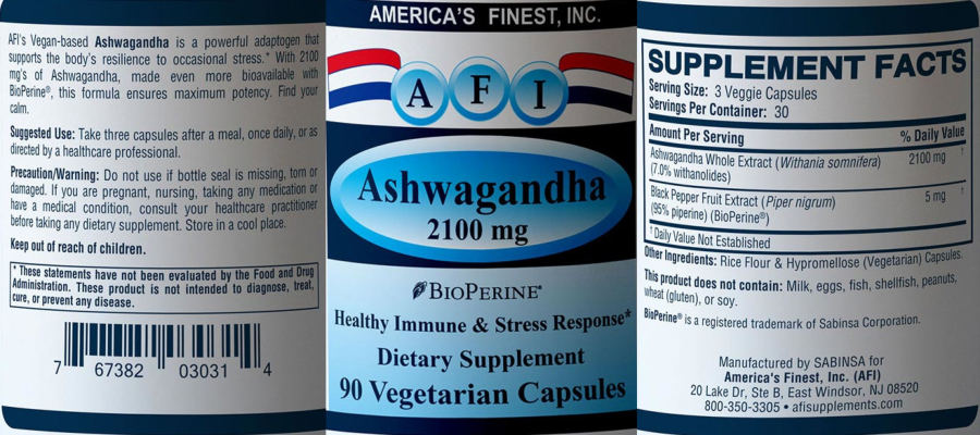 Official label of AFI America's Finest Ashwagandha 2100 mg (NIH DSLD #246809)