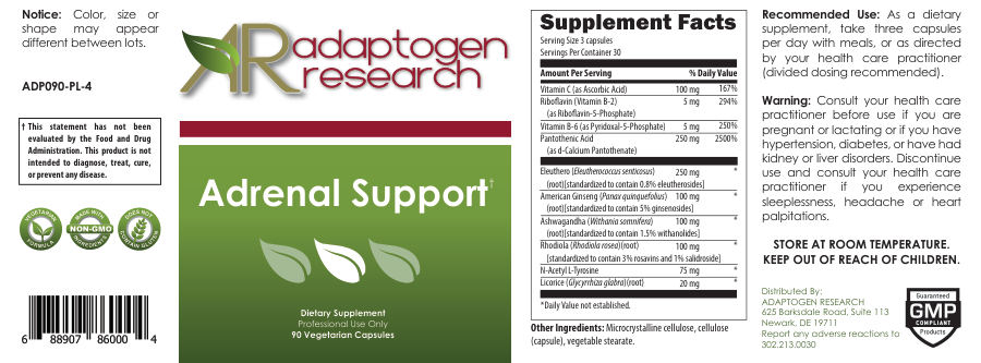 Official label of Adaptogen Research Adrenal Support (NIH DSLD #246899)