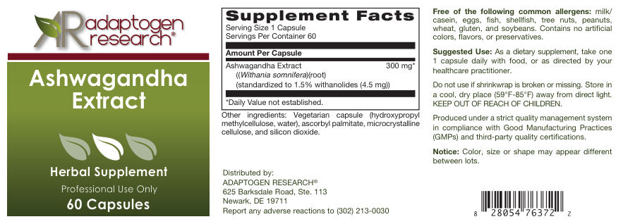 Official label of Adaptogen Research Ashwagandha Extract (NIH DSLD #246904)