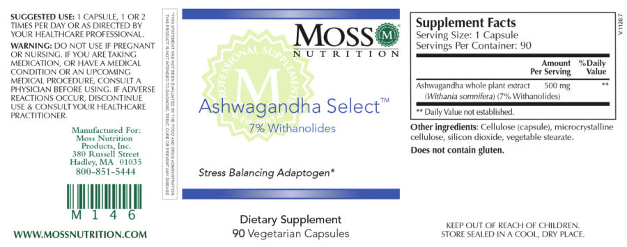 Official label of Moss Nutrition Ashwagandha Select (NIH DSLD #246912)