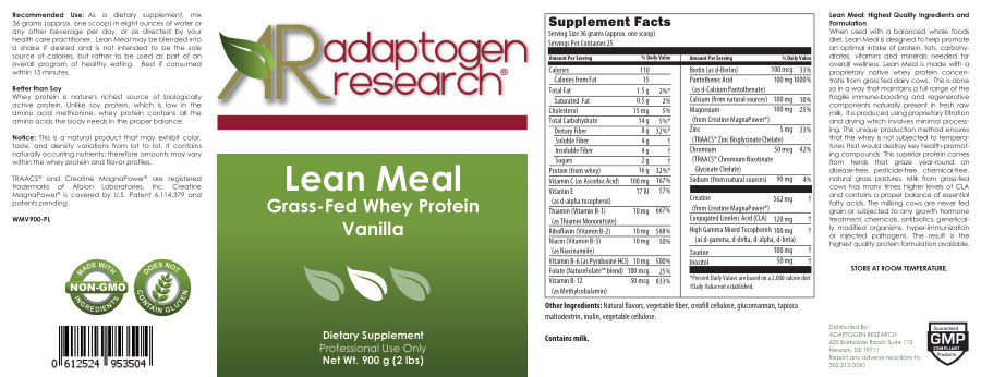 Official label of Adaptogen Research Lean Meal Grass-Fed Whey Protein Vanilla (NIH DSLD #247068)