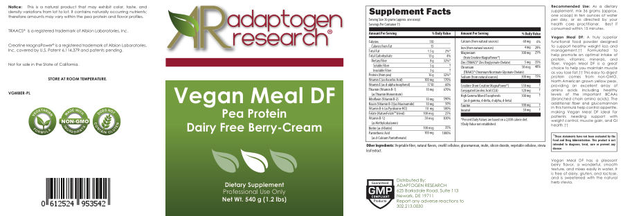 Official label of Adaptogen Research Vegan Meal Dairy Free Berry-Cream (NIH DSLD #247283)