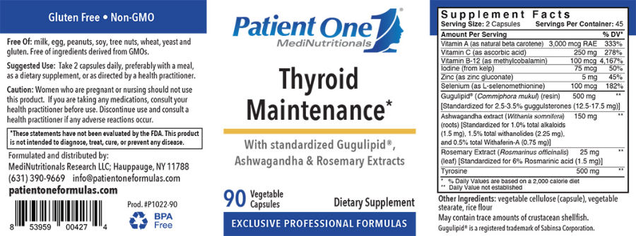 Official label of Patient One MediNutritionals Thyroid Maintenance (NIH DSLD #249361)