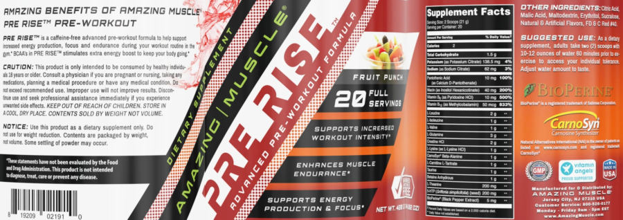 Official label of Amazing Muscle Pre Rise Fruit Punch (NIH DSLD #251083)