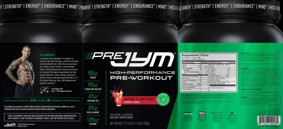 Official label of JYM Supplement Science Pre JYM Natural Island Punch (NIH DSLD #252280)