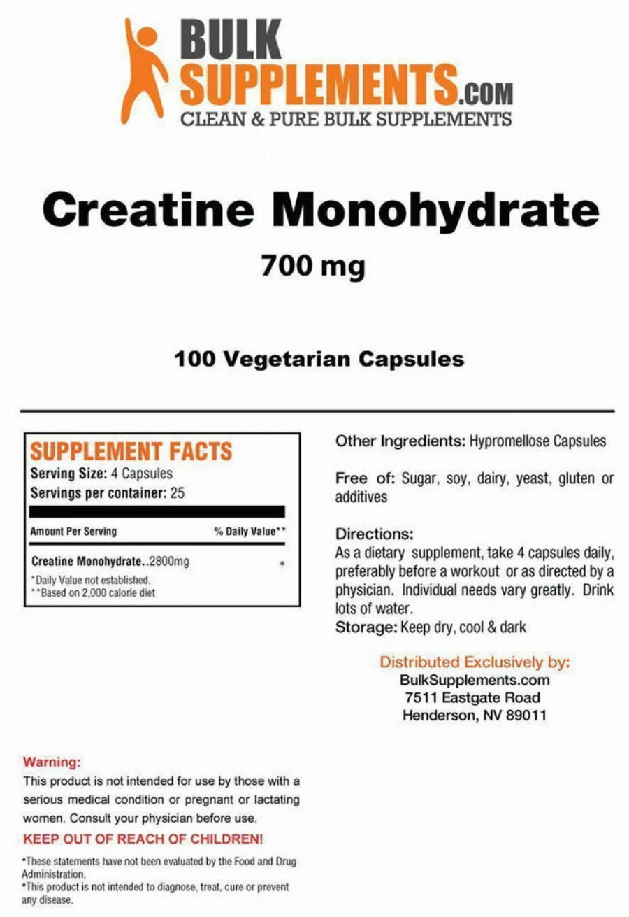 Official label of BulkSupplements.com Creatine Monohydrate 700 mg (NIH DSLD #253763)