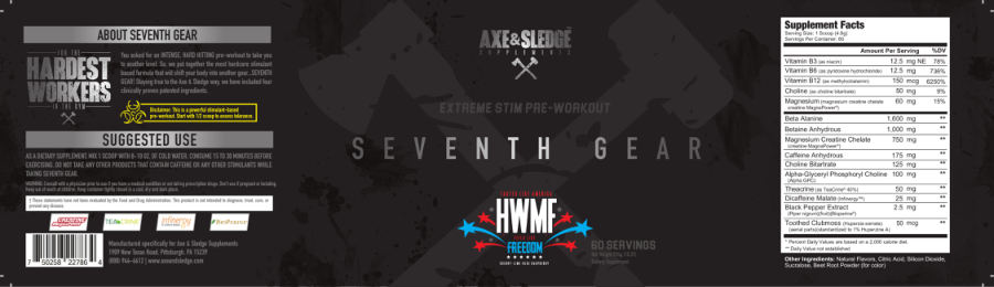Official label of Axe & Sledge Supplements Seventh Gear HWMF (NIH DSLD #254791)