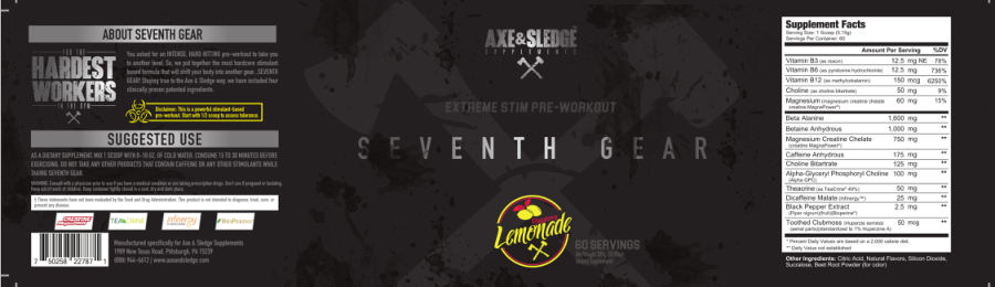 Official label of Axe & Sledge Supplements Seventh Gear Raspberry Lemonade (NIH DSLD #254792)