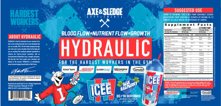 Official label of Axe & Sledge Supplements Hydraulic ICEE Blue Raspberry (NIH DSLD #255142)
