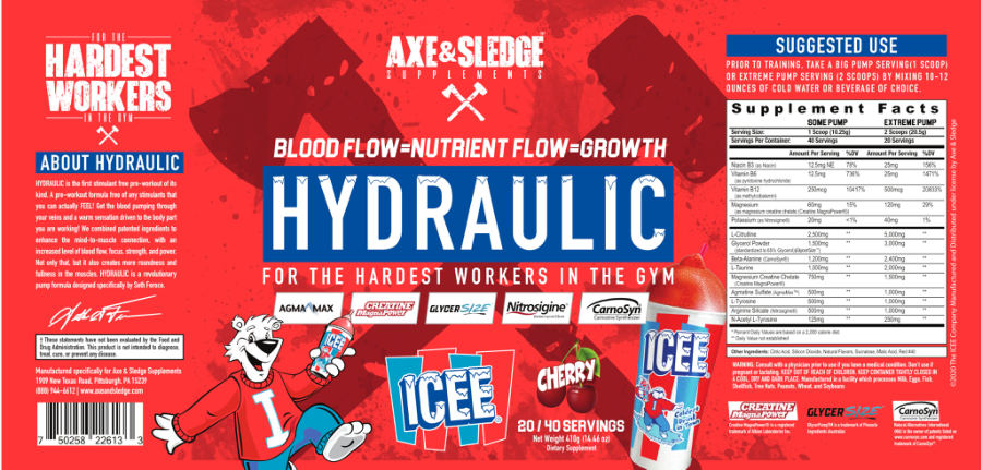 Official label of Axe & Sledge Supplements Hydraulic ICEE Cherry (NIH DSLD #255144)
