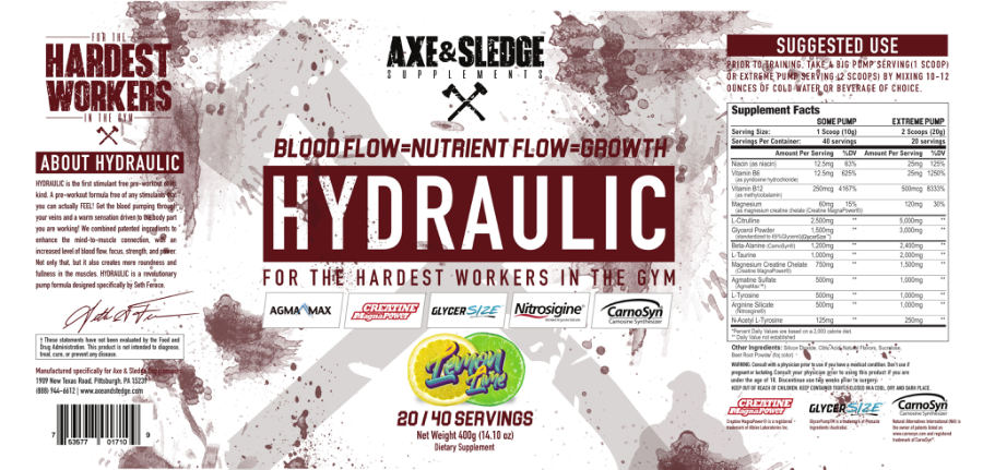 Official label of Axe & Sledge Supplements Hydraulic Lemon Lime (NIH DSLD #255145)