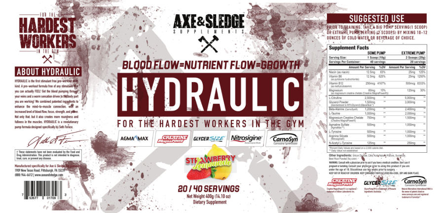 Official label of Axe & Sledge Supplements Hydraulic Strawberry Lemonade (NIH DSLD #255149)