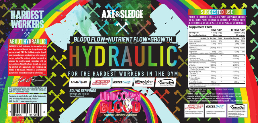 Official label of Axe & Sledge Supplements Hydraulic Unicorn Blood (NIH DSLD #255179)