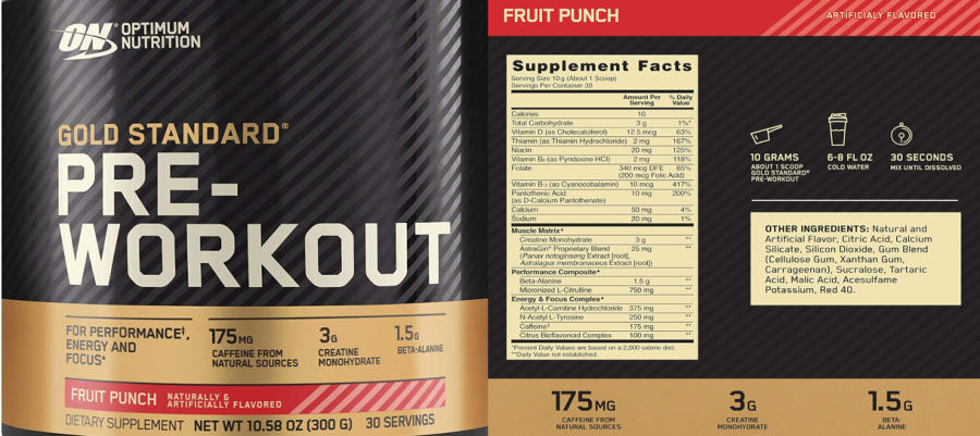 Official label of Optimum Nutrition  Gold Standard Pre-Workout Fruit Punch (NIH DSLD #255344)