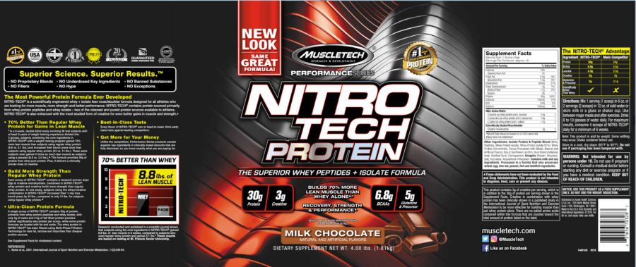 Official label of MuscleTech Performance Series Nitro Tech Protein Milk Chocolate (NIH DSLD #255562)