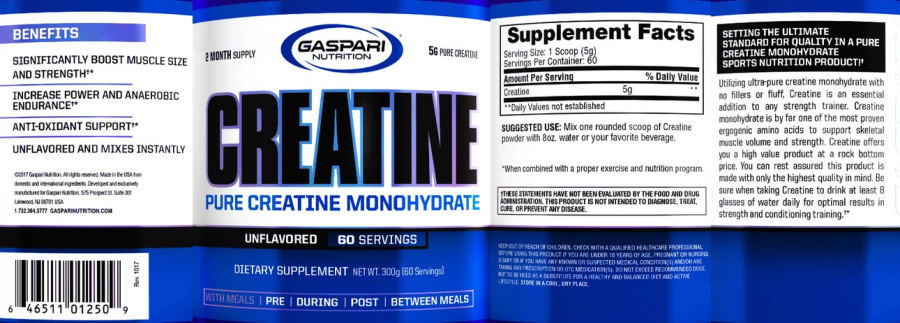 Official label of Gaspari Nutrition Creatine 5 g Unflavored (NIH DSLD #255754)