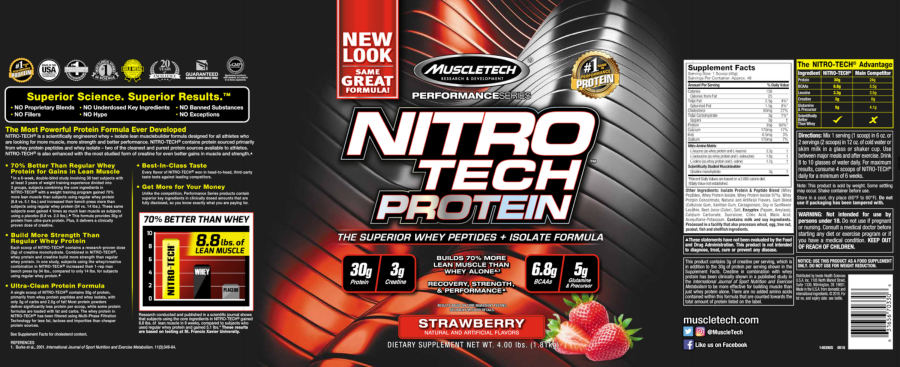 Official label of MuscleTech Performance Series Nitro Tech Protein Strawberry (NIH DSLD #255810)