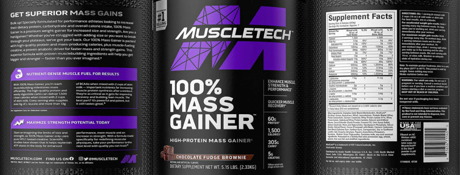 Official label of MuscleTech 100% Mass Gainer Chocolate Fudge Brownie (NIH DSLD #255834)