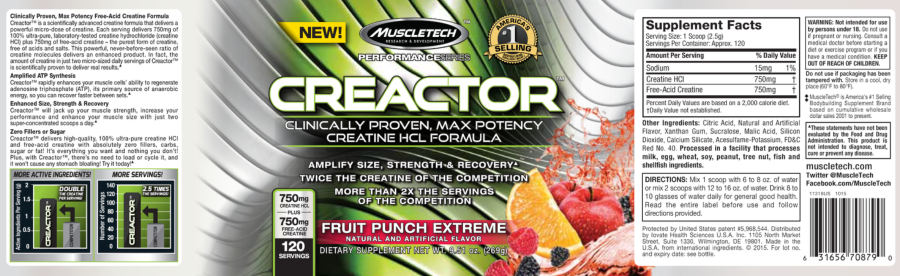 Official label of MuscleTech Performance Series Creactor Fruit Punch Extreme (NIH DSLD #255873)