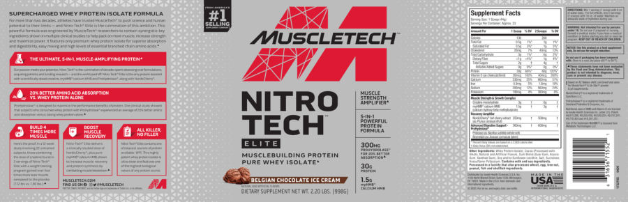 Official label of MuscleTech Nitro Tech Elite Belgian Chocolate Ice Cream (NIH DSLD #255925)