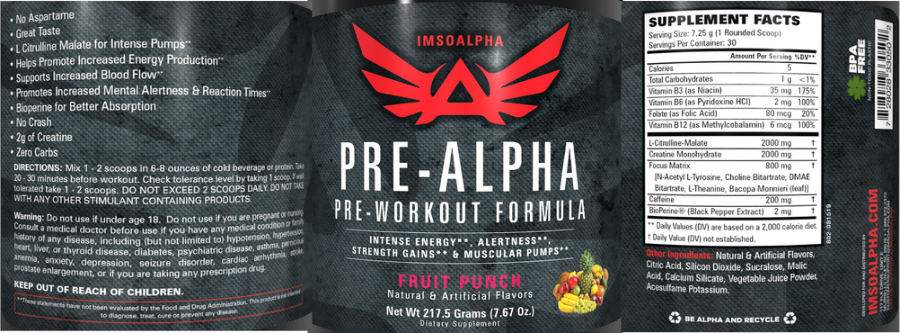 Official label of IMSOALPHA Pre-Alpha Fruit Punch (NIH DSLD #256184)