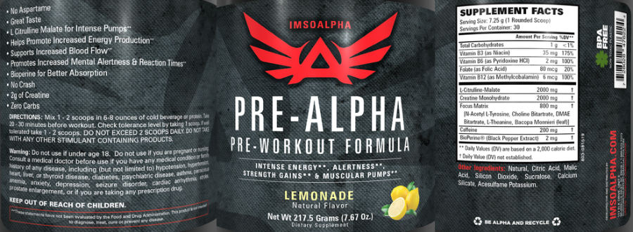 Official label of IMSOALPHA Pre-Alpha Lemonade (NIH DSLD #256190)