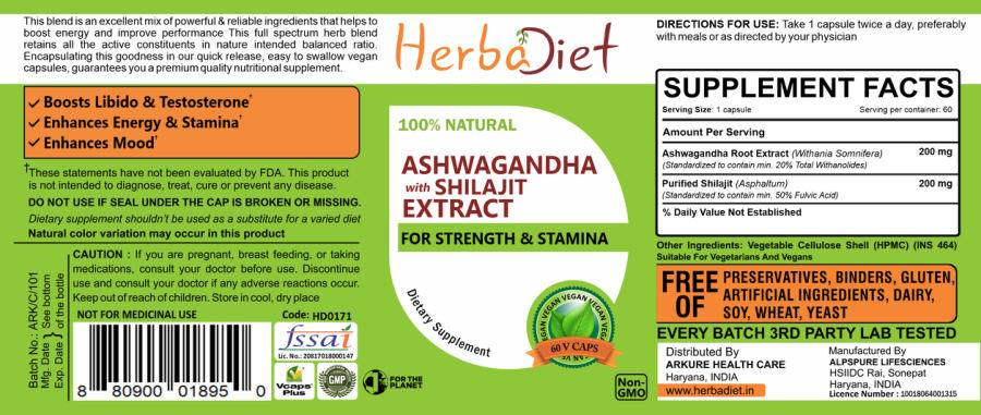 Official label of Herbadiet Ashwagandha with Shilajit Extract (NIH DSLD #257376)