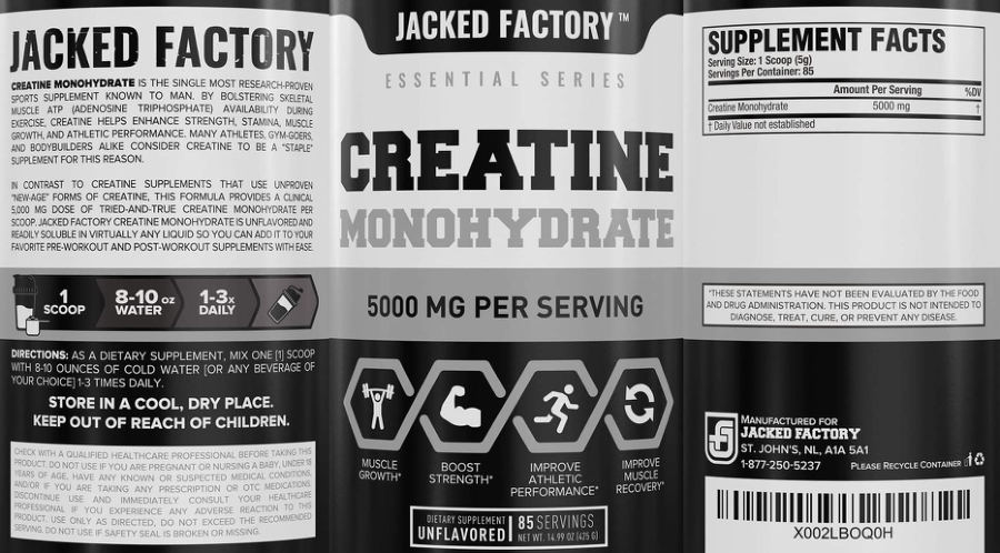 Official label of Jacked Factory Essential Series Creatine Monohydrate 5000 mg Unflavored (NIH DSLD #257575)