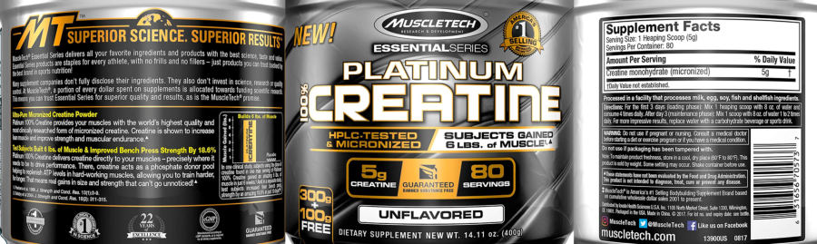Official label of MuscleTech Essential Series Platinum 100% Creatine Unflavored (NIH DSLD #258012)