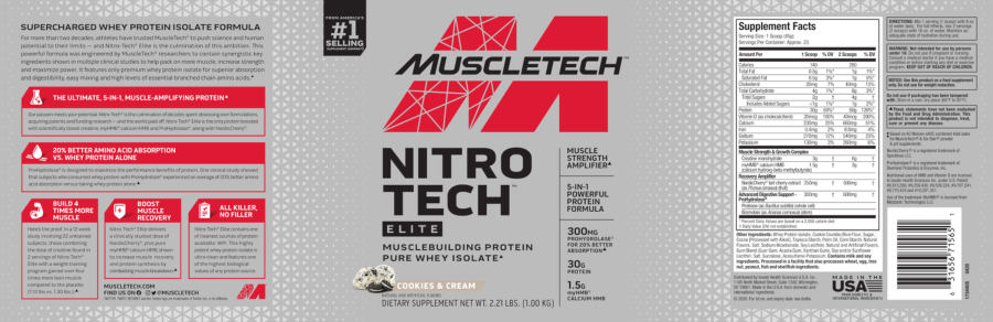 Official label of MuscleTech Nitro Tech Elite Cookies & Cream (NIH DSLD #258526)