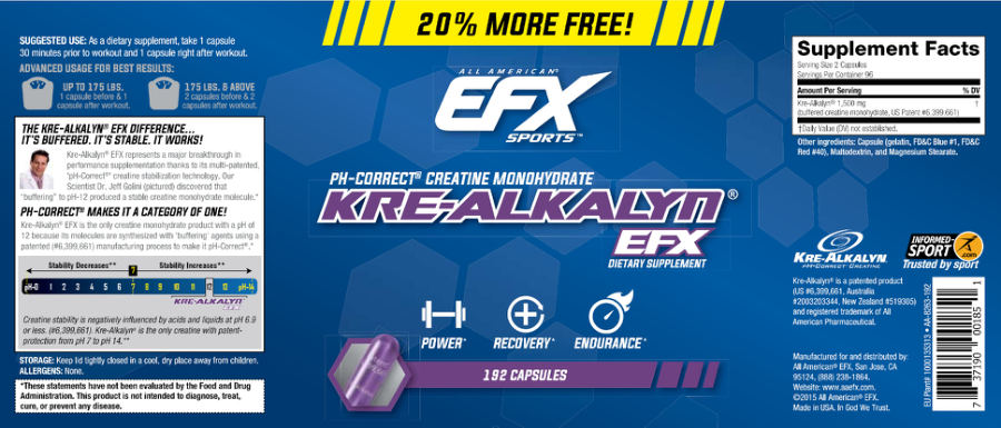 Official label of All American EFX Sports Kre-Alkalyn EFX (NIH DSLD #259297)