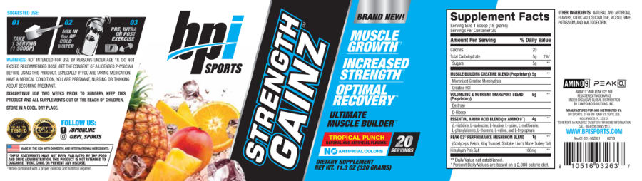 Official label of BPI Sports Strength Gainz Tropical Punch (NIH DSLD #259645)