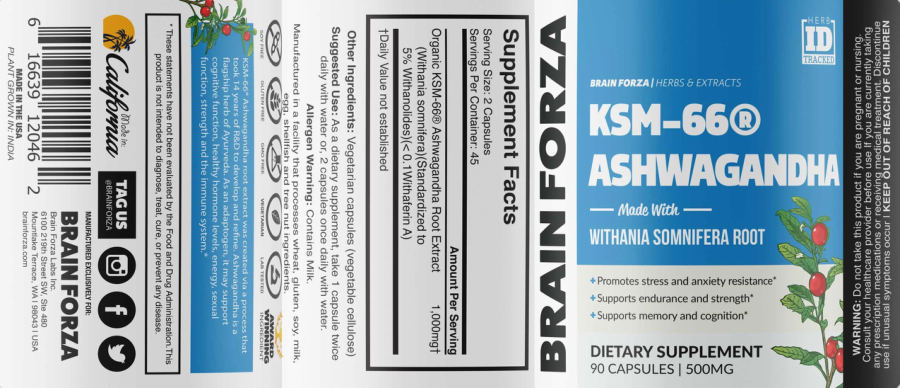 Official label of Brain Forza KSM-66 Ashwagandha 500 mg (NIH DSLD #259648)