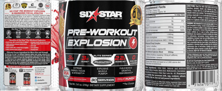 Official label of Six Star Pro Nutrition Pre-Workout Explosion Fruit Punch (NIH DSLD #260041)