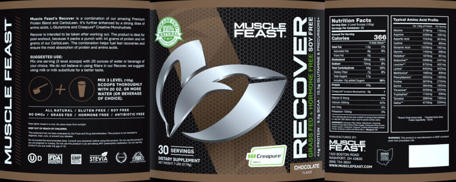 Official label of Muscle Feast Recover Chocolate (NIH DSLD #260360)